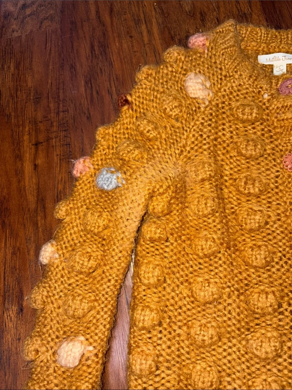 Matilda Jane Mustard Pom-Pom Bobble Knit Cardigan with Multicolor Accents Size 4